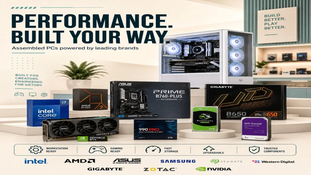 Custom-built desktop PC with RTX graphics and high-end components for gaming and workstation use