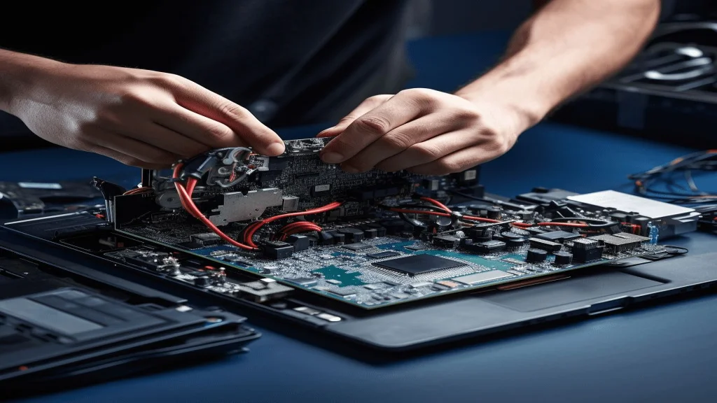 Hitech technician performing precision laptop motherboard repair with professional tools