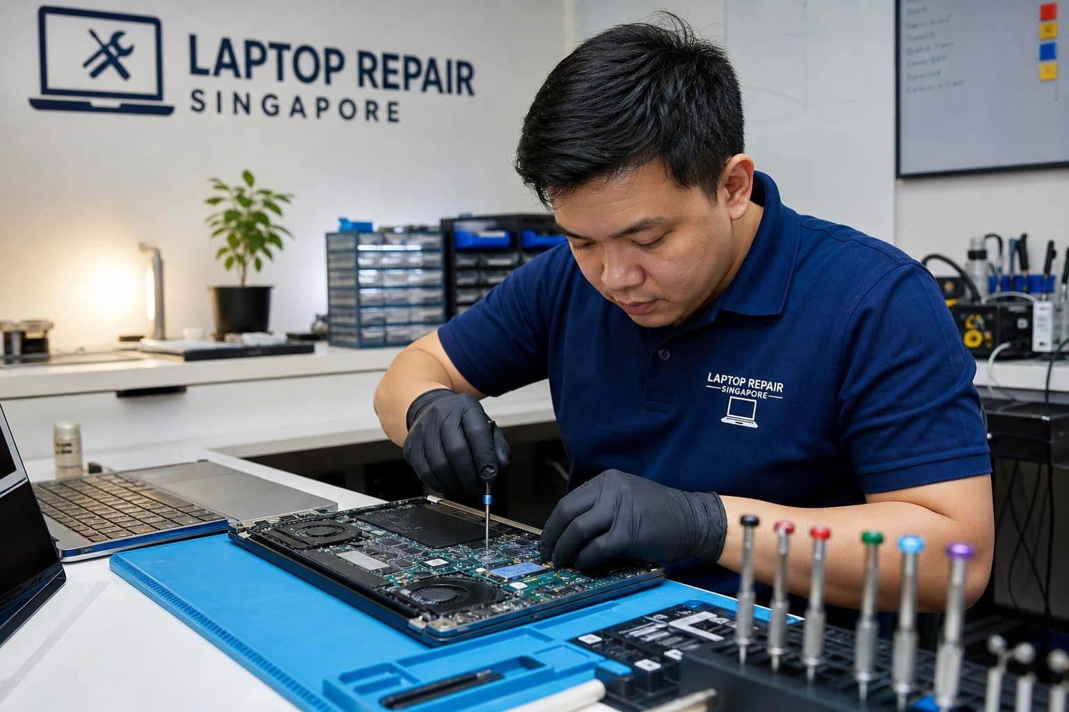 Technician repairing a laptop at Hitech Hougang branch