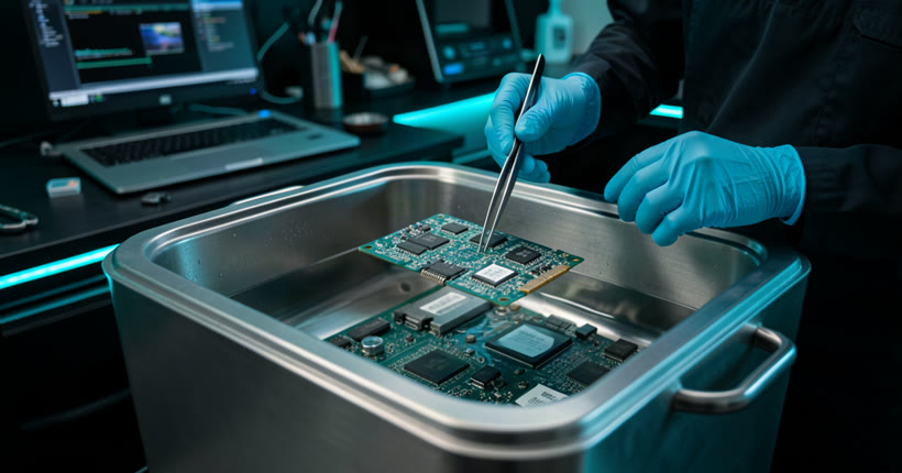 HiTech Computer technician performing professional liquid damage repair on a laptop motherboard