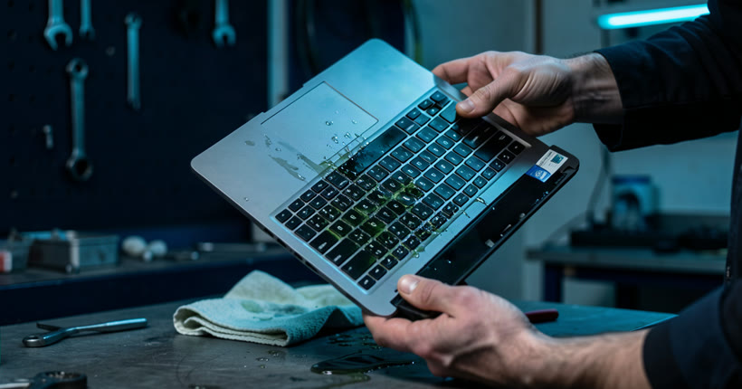 Liquid damage repair in Singapore -- HiTech Computer technician cleaning a water-damaged laptop
