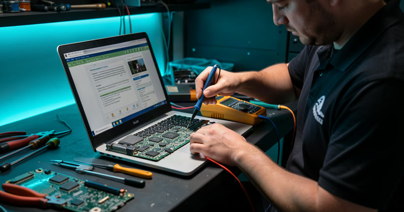 HiTech Computer technician performing board-level motherboard repair with precision soldering