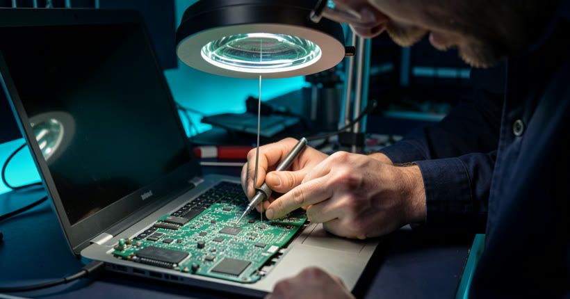 Laptop motherboard repair in Singapore -- HiTech Computer technician performing board-level diagnostics