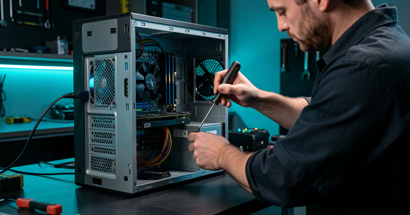 Desktop PC repair in Singapore -- HiTech Computer technician diagnosing a desktop tower