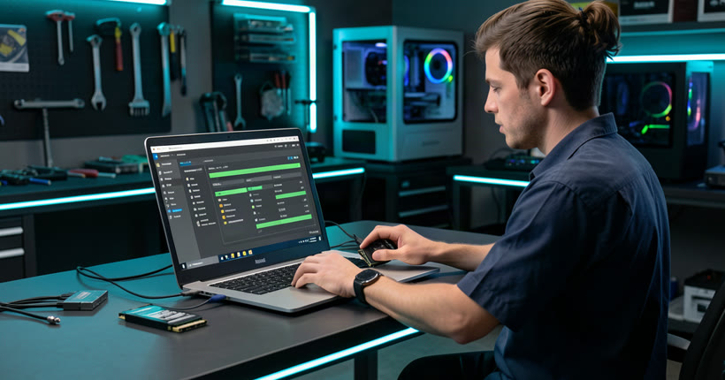 HiTech Computer technician cloning a laptop hard drive to SSD in Singapore