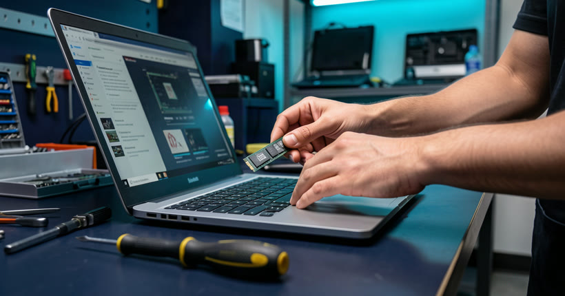 SSD upgrade for a slow laptop in Singapore -- HiTech Computer technician installing a solid state drive
