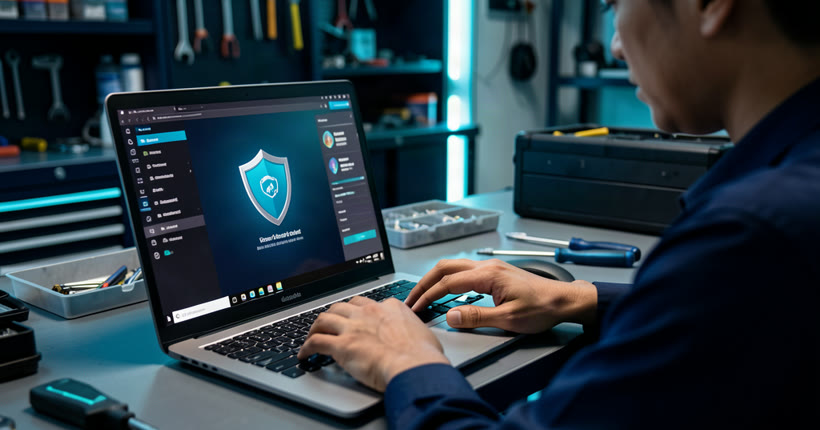 Virus and malware removal in Singapore -- HiTech Computer technician scanning a laptop for infection